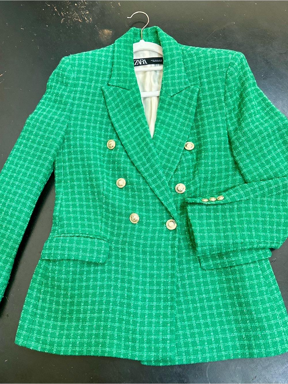 Zara Green Double-Breasted Tweed Blazer with Gold Buttons